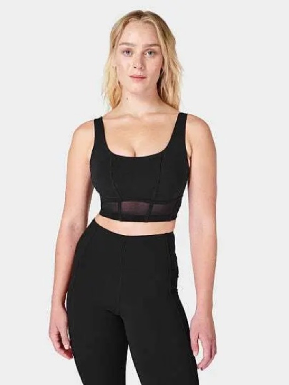 Black Mesh-Detail Scoop Crop Workout Top